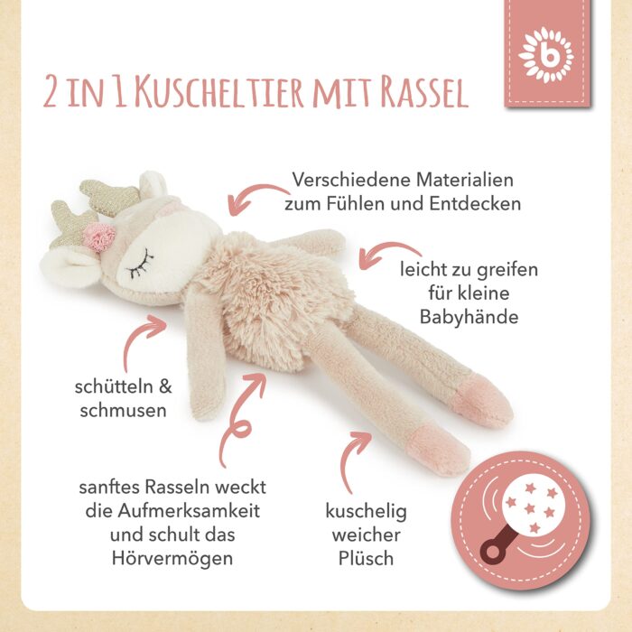 Bieco Kuscheltier Reh Ella mit Rassel | Baby Kuscheltier ab 0 Monate Stofftier Baby Plüschtier ntier – Bild 6